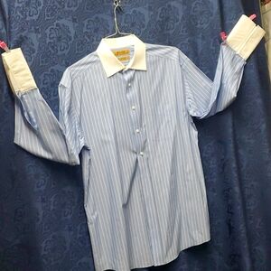 Blue and White Striped Men’s Dress Shirt with White Collar